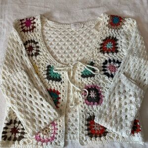 Cream Crochet Tie-Front Cardigan with Multicolor Squares
